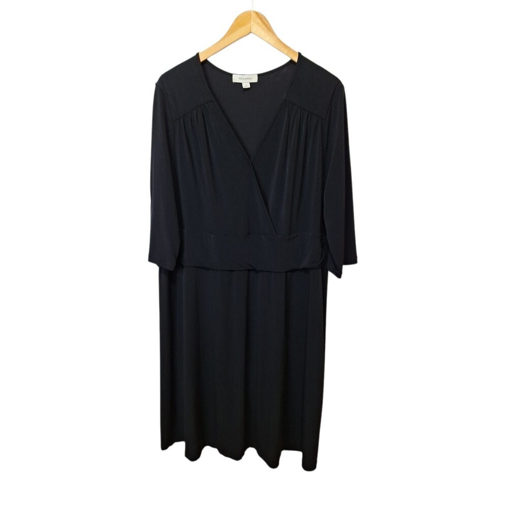 Merona Womens Size‎ 2 US 2X Dress Black Waist Band 3/4 Sleeve Faux Wrap Bodice